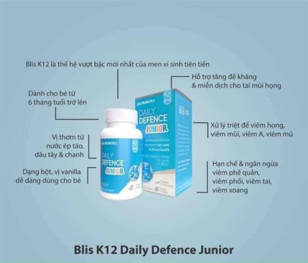 Men vi sinh tai mũi họng Amidan - BLIS K12 PROBIOTICS DAILY DEFENCE JUNIOR (45g) - tăng đề kháng đường hô hấp